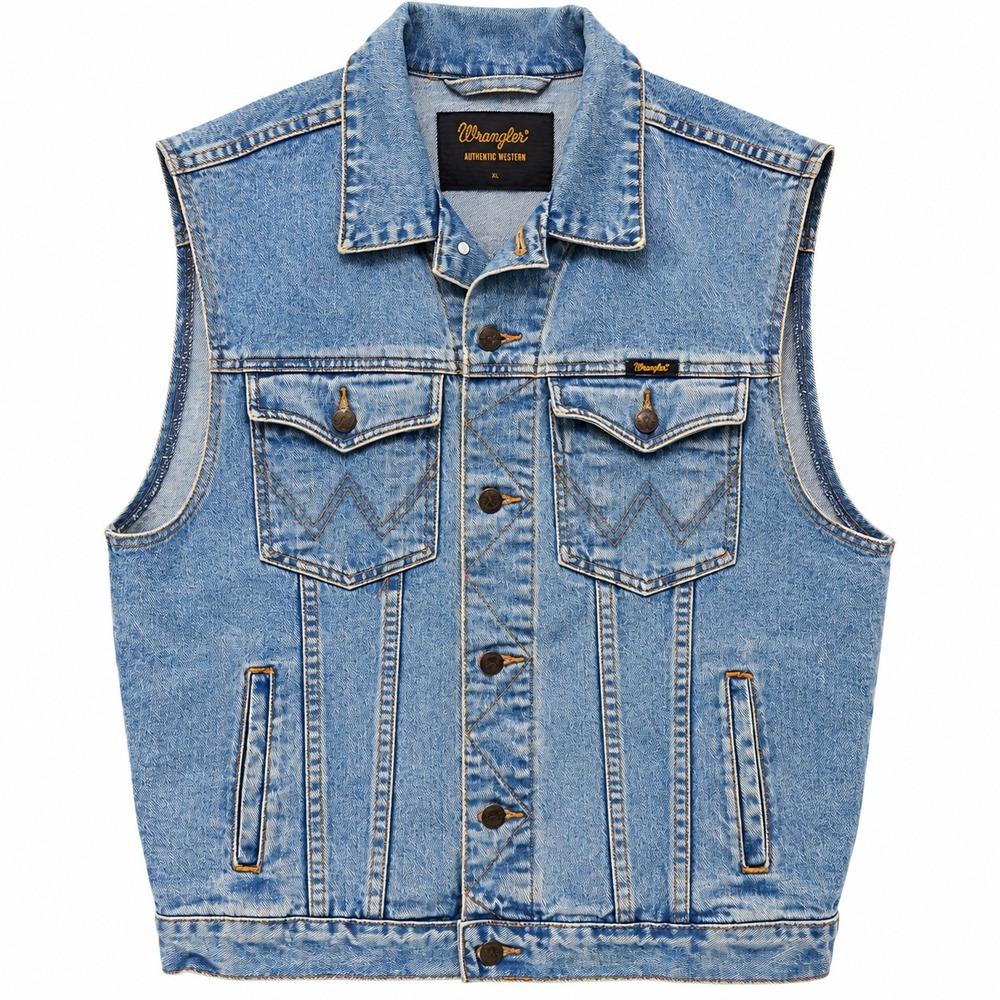 Wrangler Authentic Western Mens Blue Denim Vest Light Wash XL Sleeveless Jacket